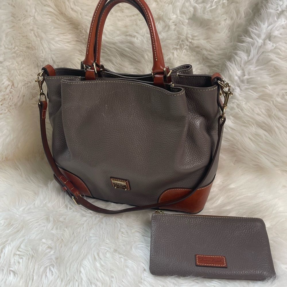 Dooney & Bourke Brenna Gray pebble Leather satchel tanTrim & Strap bonus pouch.